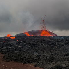 Fagradalsfjall Volcano Iceland, Eruption 2022 Close-Up, Active Crater with Lava Eruptions