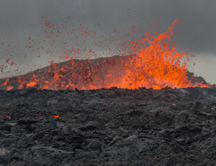 Fagradalsfjall Volcano Iceland, Eruption 2022 Close-Up, Active Crater with Lava Eruptions