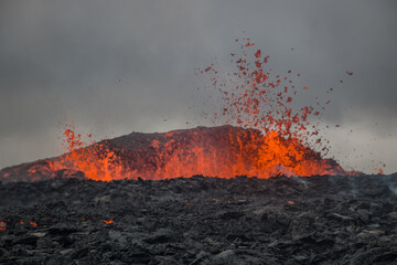 Fagradalsfjall Volcano Iceland, Eruption 2022 Close-Up, Active Crater with Lava Eruptions