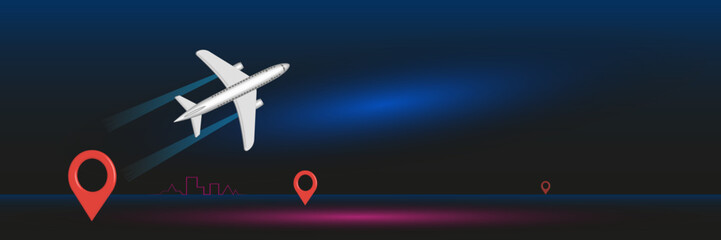  Icon. Airplane with location indication, online travel and tourism planning concept, 3d illustration.