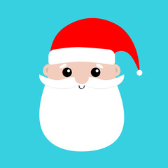 Santa Claus face head icon. Big red hat. Merry Christmas. New Year. Moustaches, round beard, brow. Cute cartoon funny kawaii baby character. Flat design. Blue background.