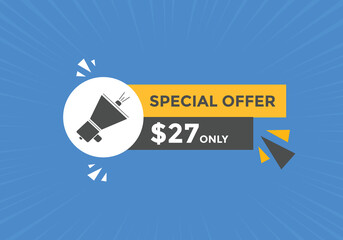 $27 USD Dollar Month sale promotion Banner. Special offer, 27 dollar month price tag, shop now button. Business or shopping promotion marketing concept
