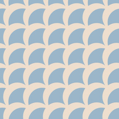 Vector geometric seamless pattern. Simple abstract beige and blue background with curved shapes, fish scale, peacock ornament, diagonal mesh. Retro vintage style texture. Repeat decorative design © Olgastocker