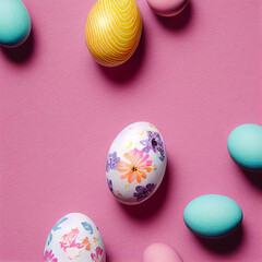 Colorful Easter eggs on a pastel pink background.