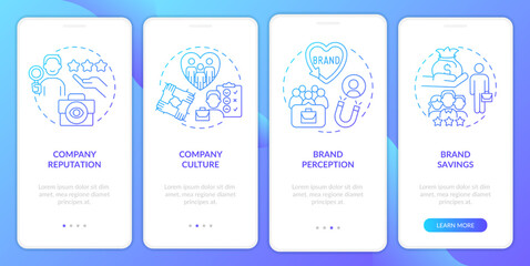 Naklejka premium Company reputation blue gradient onboarding mobile app screen. Brand perception walkthrough 4 steps graphic instructions with linear concepts. UI, UX, GUI template. Myriad Pro-Bold, Regular fonts used