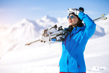 Fototapeta na wymiar Girl skiing in the Georgian mountains