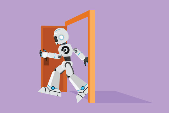Character flat drawing of robot walking through an open door frame. New business ventures challenge. Humanoid robot cybernetic organism. Future robotic development. Cartoon design vector illustration
