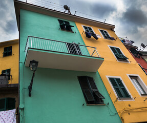 Typical Colorful Houses, Town of Vernazza from the Main Street, Cinque Terre Liguria Italy Close-up