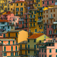 Typical Colorful Houses, Town of Manarola from the Mediterranean Sea on boat, Cinque Terre Liguria Italy Close-up