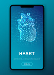 Heart 3d polygonal symbol for UI, UX design template. Low poly Cardiology illustration for mobile homepage app design. Organ illustration concept.