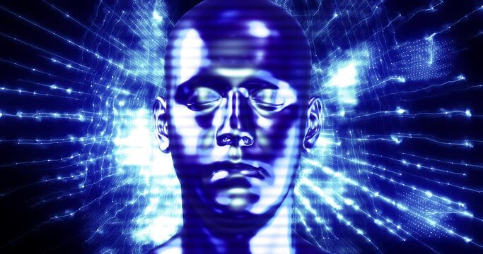 Abstract Digital Human Artificial Intelligence Face. Analyzing Big Data. Technology And Science Related 3D 4K Animation Concept