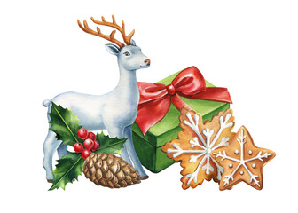Watercolor white deer, gift, orange and gingerbread isolated on white background, new year holiday