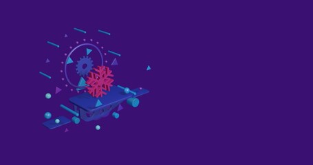 Pink snowflake symbol on a pedestal of abstract geometric shapes floating in the air. Abstract concept art with flying shapes on the left. 3d illustration on deep purple background