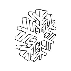 The outline of a large snowflake symbol is made with black lines. 3D view of the object in perspective. Vector illustration on white background