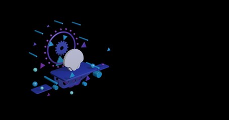 White sea shell symbol on a pedestal of abstract geometric shapes floating in the air. Abstract concept art with flying shapes on the left. 3d illustration on black background