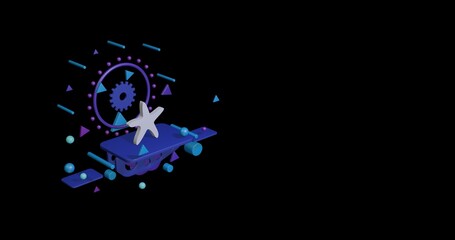 White starfish symbol on a pedestal of abstract geometric shapes floating in the air. Abstract concept art with flying shapes on the left. 3d illustration on black background