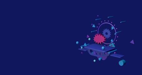 Pink explosion symbol on a pedestal of abstract geometric shapes floating in the air. Abstract concept art with flying shapes on the right. 3d illustration on indigo background
