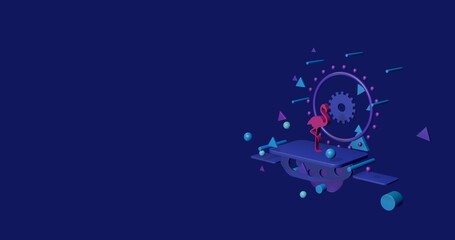 Pink flamingos symbol on a pedestal of abstract geometric shapes floating in the air. Abstract concept art with flying shapes on the right. 3d illustration on indigo background