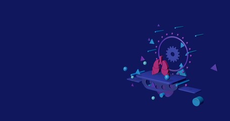 Pink lungs symbol on a pedestal of abstract geometric shapes floating in the air. Abstract concept art with flying shapes on the right. 3d illustration on indigo background