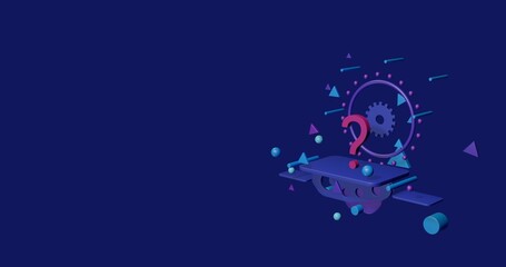 Pink question symbol on a pedestal of abstract geometric shapes floating in the air. Abstract concept art with flying shapes on the right. 3d illustration on indigo background