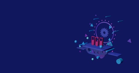 Pink water game symbol on a pedestal of abstract geometric shapes floating in the air. Abstract concept art with flying shapes on the right. 3d illustration on indigo background