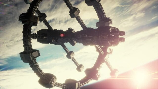 Highly detailed huge spaceship approaching to the Earth