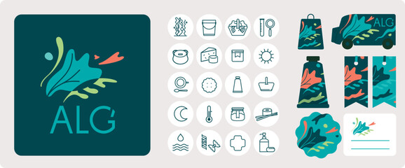 identité de marque pour transformateur algues marine. Cosmétique, laboratoire biologie marine, cuisine, foodtruck. Mock up étiquette, sticker, sac, camion ambulant