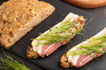 Bread sandwiches with jerky meat and lard with onion microgreen on black concrete. side view, selective focus.