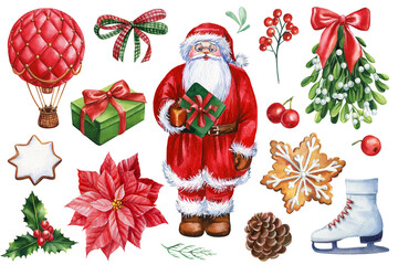 Santa Claus, cone, mistletoe, gift and bow isolated on white background, watercolor set winter element for design.