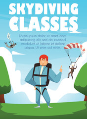 Skydiving classes banner or poster layout design flat vector illustration. - obrazy, fototapety, plakaty
