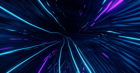 Neon abstract energy move through wires. Bright glow pink, blue current, electricity, data traffic moving through dynamic streaks. 3d animation. Sci-fi digital video electric motion in dark background