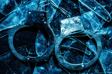 silver handcuffs on shards of broken glass