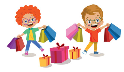 Cute boy is putting shopping bags in the shopping cart. Cute cartoon style drawing