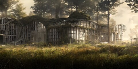 Architecture of the future, a ruined city overgrown with greenery. Concept art, idea for inspiration.