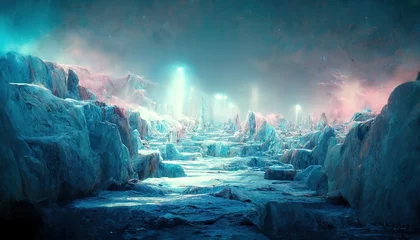 Gordijnen Het kunstlicht van lantaarns verlicht de ijsbergen en de doorgang daartussen. 3D-rendering © Zaleman