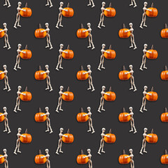 Seamless pattern depicting the skeleton of a man holding a pumpkin on a dark gray background, Halloween concept