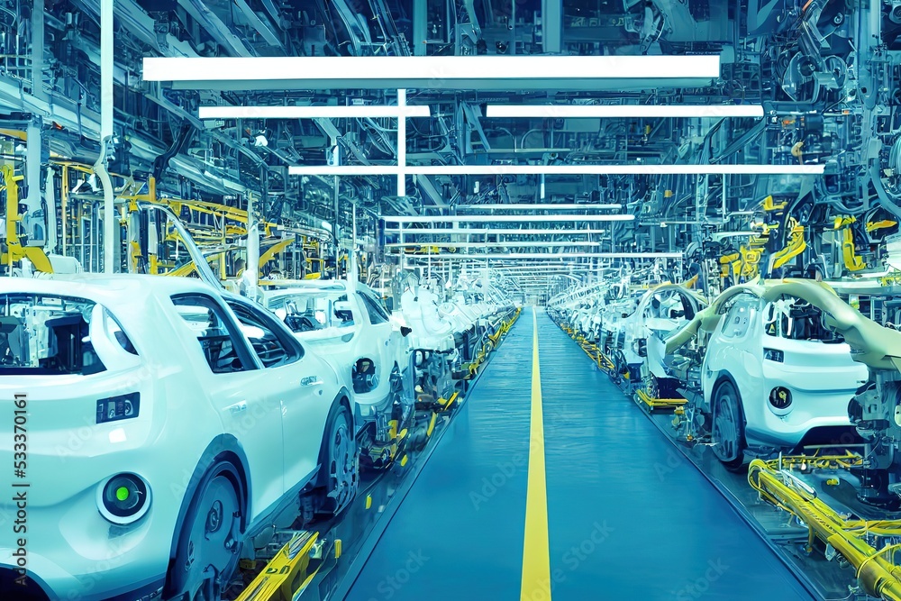 Poster conveyor for the assembly of cars in the factory. 3d rendering
