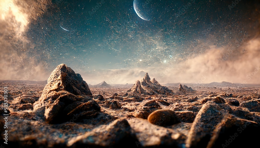 Poster Rocks and mountains in the desert under a starry sky. 3D rendering