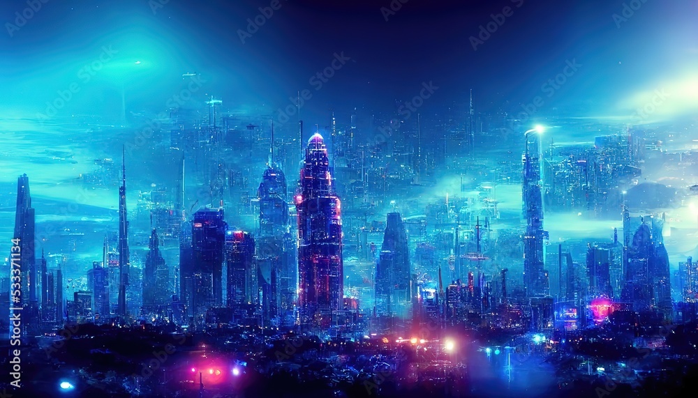 Aufkleber The sky of the metropolis at night is lit up with a blue sky. 3D rendering