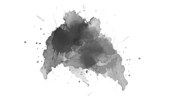 Ink brush stroke transition. Ink splash. Abstract ink brush blot, splat, fluid art, overlay, alpha matte composition, spreading brush stroke. ink transition splatter composting animation.