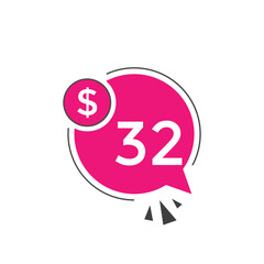 32 dollar price tag. Price $32 USD dollar only Sticker sale promotion Design. shop now button for Business or shopping promotion
