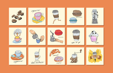Set of graphic trendy hand drawn illustration design cards with coffee elements. Coffee and sweets. Products of cafe.