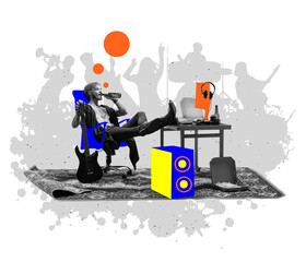 Stylish man, rock musician sitting at home and listening to music. Colorful minimalism. Music,...