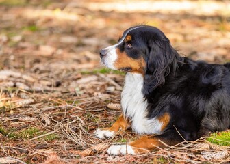 Bernese Mountain Dog in a forest 