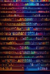 wall with bottles in different colors different layers