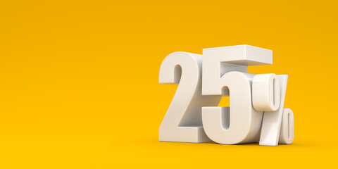 White twenty five percent on a yellow background. 3d render illustration. Background for advertising.