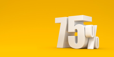 White seventy five percent on a yellow background. 3d render illustration. Background for advertising.