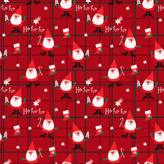 New Year vector pattern with Santa, stars, socks, christmas tree and ho-ho-ho. Winter festive background for print, wrapping paper, textile, etc. Cute Christmas seamless pattern with gnome in red hat.