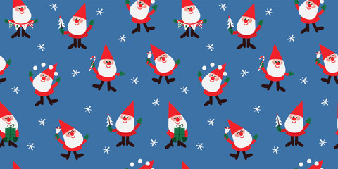 New Year vector pattern with cute Santas in cartoon style. Gnomes in red hats in winter activity poses. Festive vector seamless pattern.