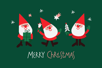 Set of vector Santas with bell, present box and Christmas tree. 
New Year card with three gnomes in red hats. Handwritten lettering Merry Christmas. Christmas greeting postcard in red and green colors